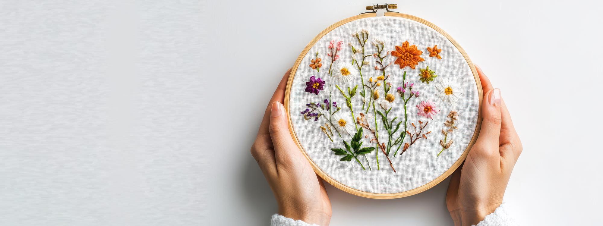 Mano che ricama un fiore su lino